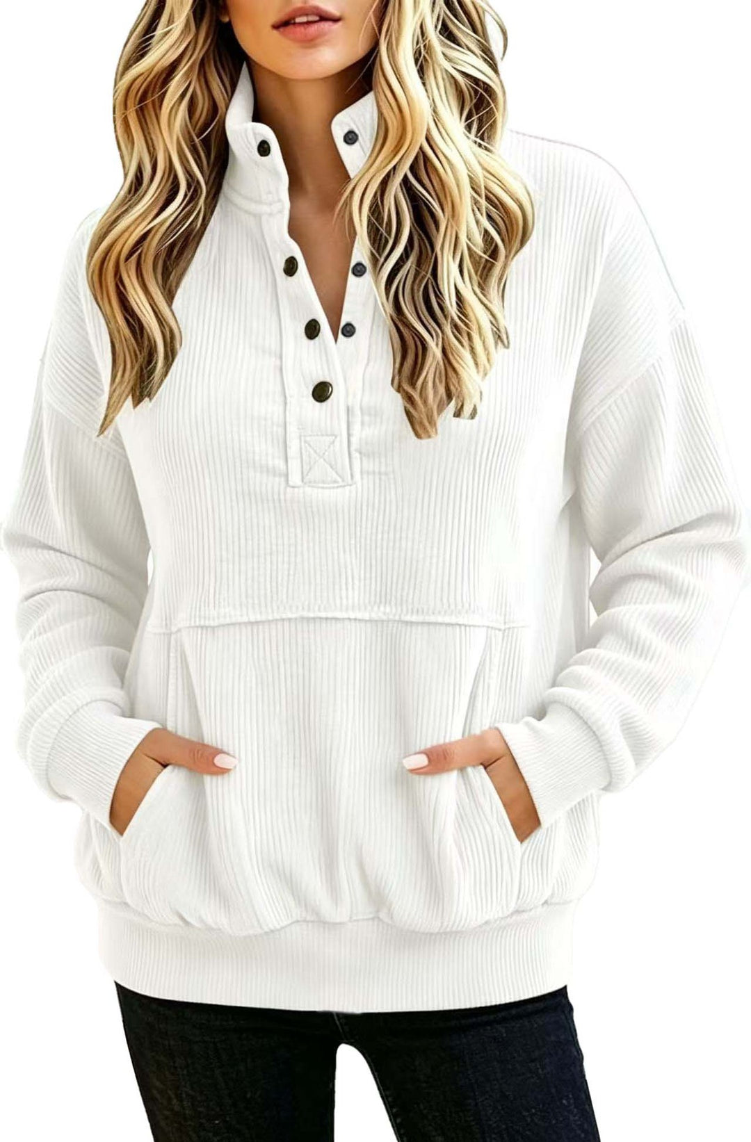 Damen gerippter Henley-Pullover mit Stehkragen und Kängurutasche Shop Nory