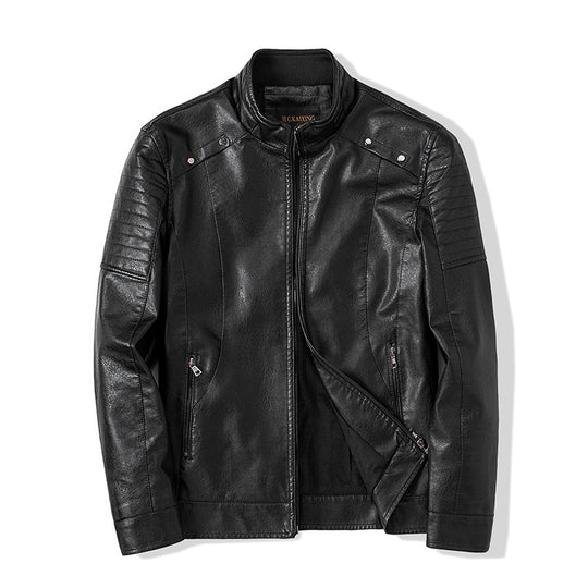 Herren schlanker Kunstleder-Moto-Blouson mit ergonomischen Nähten und Stehkragen Shop Nory