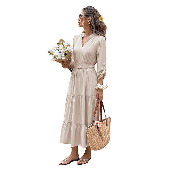 Damen Luftiges Viskose-Stufenmidikleid mit V-Ausschnitt, Bindegürtel und Manschettenärmeln Shop Nory