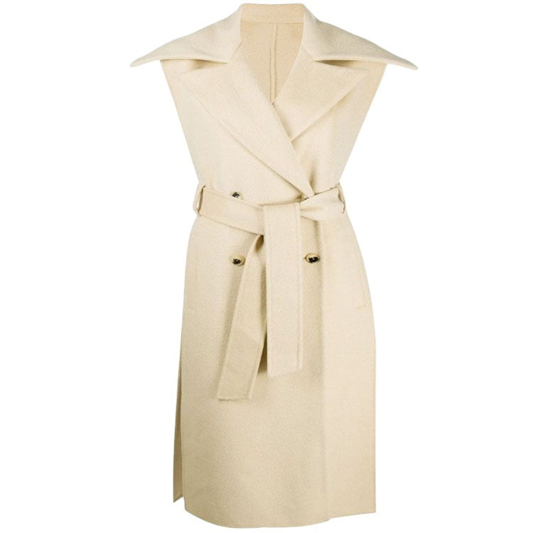 Damen Ärmelloses tailliertes Wollmix-Gilet mit breitem Schalkragen und Bindegürtel Shop Nory