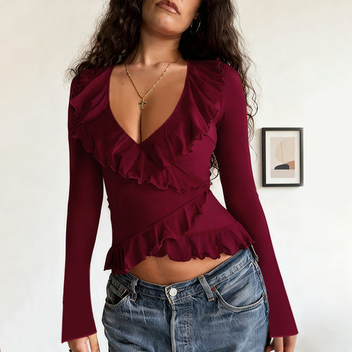 Damen Langarmshirt mit tiefem V-Ausschnitt, asymmetrischen Volants und tailliertem Peplum Shop Nory