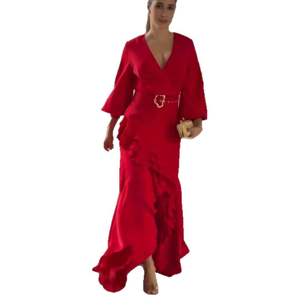 Damen Elegantes Wickel-Maxikleid mit Volants, tailliertem Gürtel & weitem Glockenärmel Shop Nory