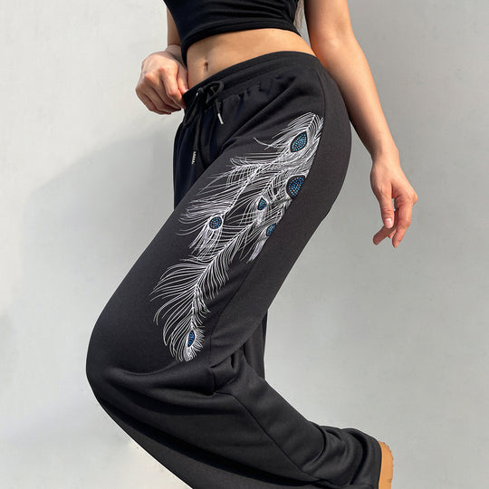 Damen nan weite Loungehose mit Kordelzug, hohem Komfortbund und Pfauenfeder-Print Shop Nory