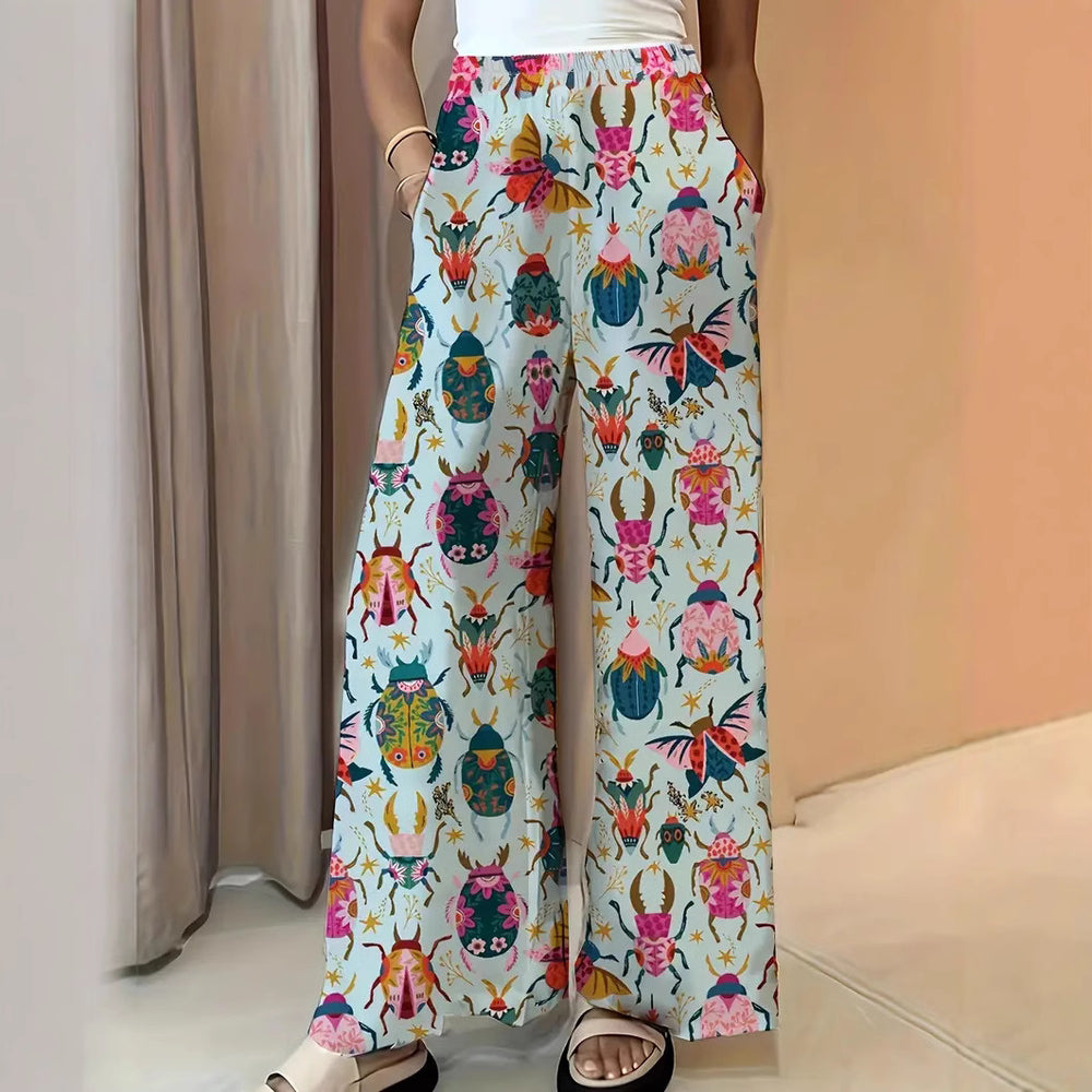 Damen Weite Palazzo-Hose mit elastischem Bund und auffälligem Käferprint Shop Nory