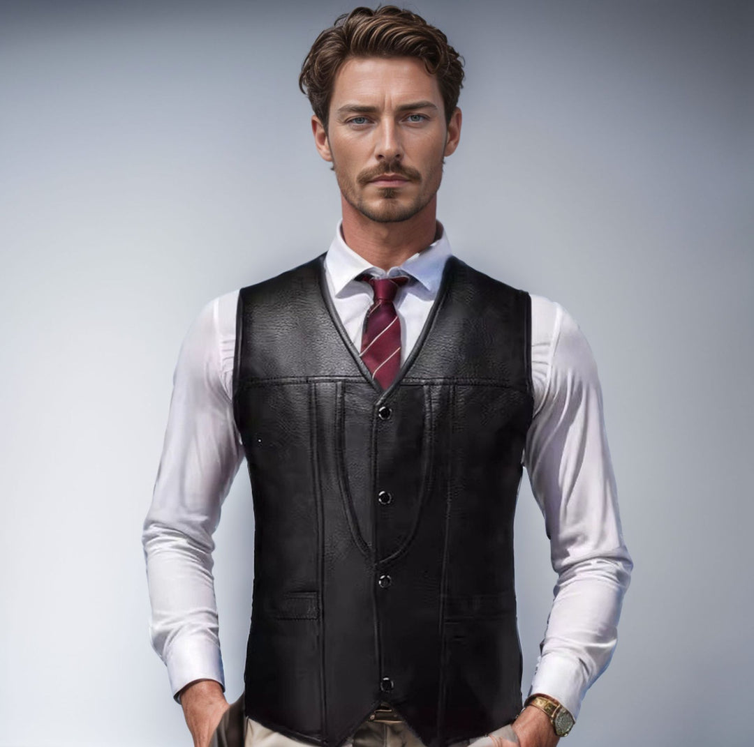 Herren Ärmellose Taillierte Lederweste mit V‑Ausschnitt, Ziernähten und Knopfleiste Shop Nory
