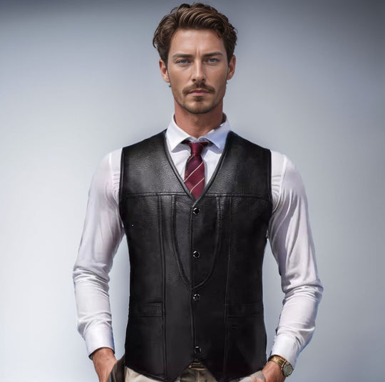 Herren Ärmellose Taillierte Lederweste mit V‑Ausschnitt, Ziernähten und Knopfleiste Shop Nory