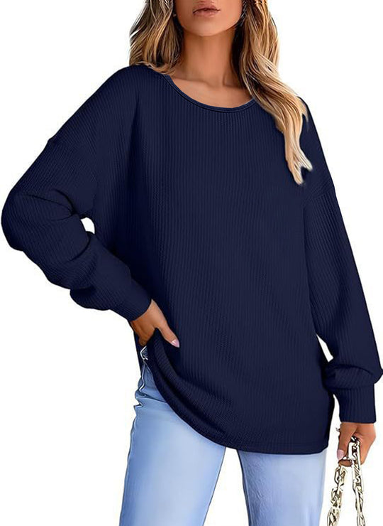 Damen Oversize Waffelstrickpullover mit Rundhals, Ballonärmeln und verlängertem Saum Shop Nory