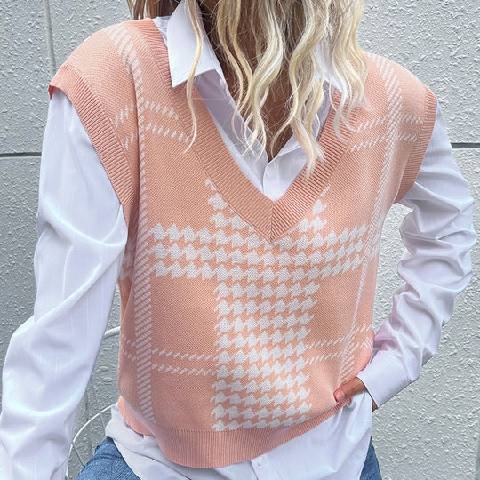 Damen Oversize-Strickweste mit V-Ausschnitt und Hahnentritt-Muster Shop Nory