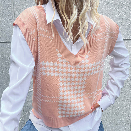 Damen Oversize-Strickweste mit V-Ausschnitt und Hahnentritt-Muster Shop Nory