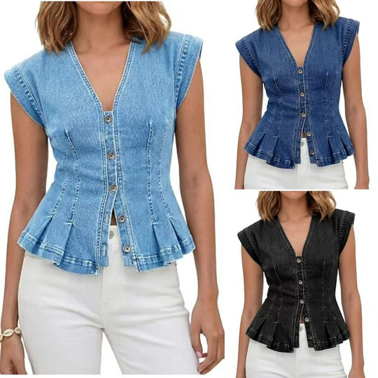 Damen Tailliertes Jeans-Top mit Schößchen und Knopfleiste Shop Nory