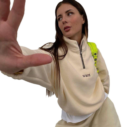 Damen Fleece-Halbzip-Sweatshirt oversized mit Stehkragen, Kängurutasche-Optik und elastischen Bündchen Shop Nory