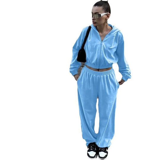 Damen samtiges Lounge-Set mit kurzem Zip-Hoodie, elastischem Rippbund und weitem High-Waist Palazzo-Hose Shop Nory