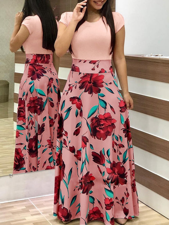 Damen Zweiteilig wirkendes Maxikleid mit figurbetontem Jersey-Oberteil und weitem Blumenrock Shop Nory
