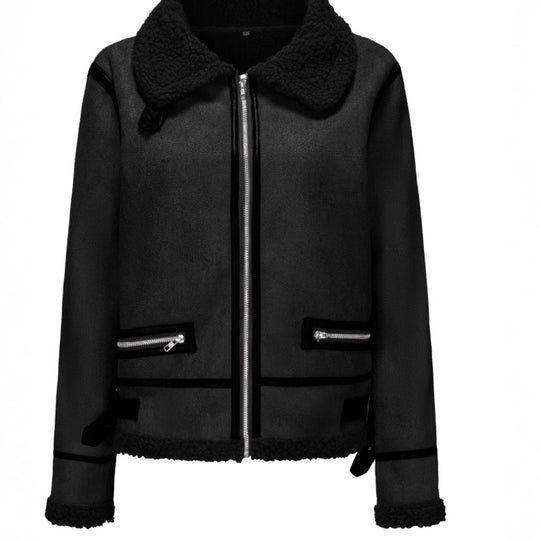 Damen Kurz geschnittene Aviator Lammfell‑Imitatjacke mit Teddyfutter und Kunstlederbesatz Shop Nory