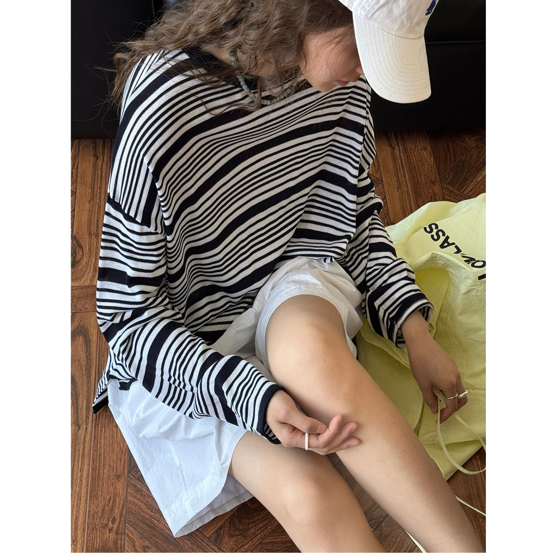 Damen Gestreiftes Oversize-Feinstrick-Longsleeve mit weitem Rundhalsausschnitt Shop Nory