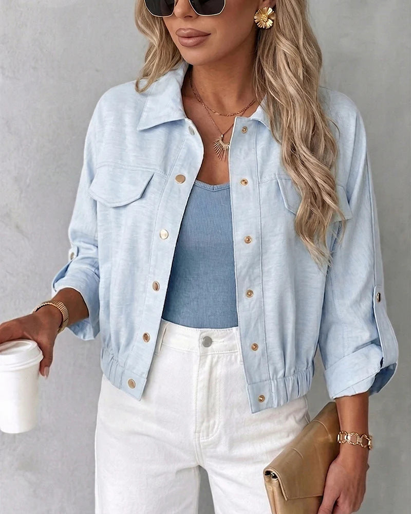 Damen Leichte Chambray-Boxy-Jacke mit Gummibund, Druckknöpfen und aufgesetzten Brusttaschen Shop Nory
