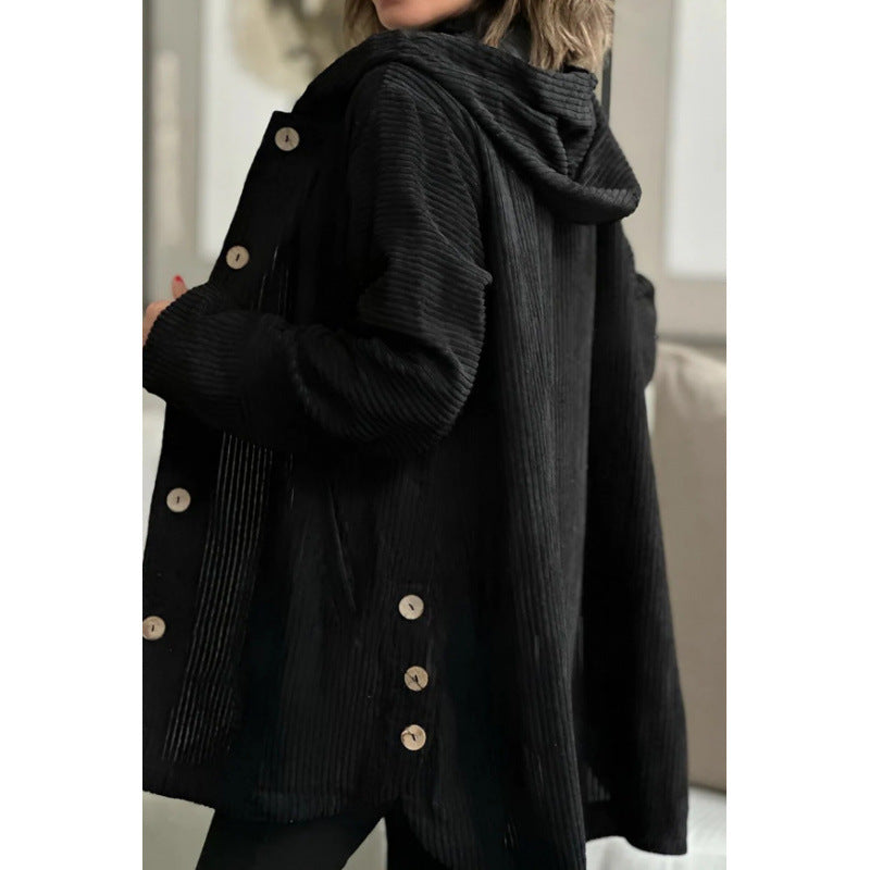 Damen Langer Kapuzen-Strickcardigan mit Rippenstruktur, Knopfleiste und Seitentaschen Shop Nory