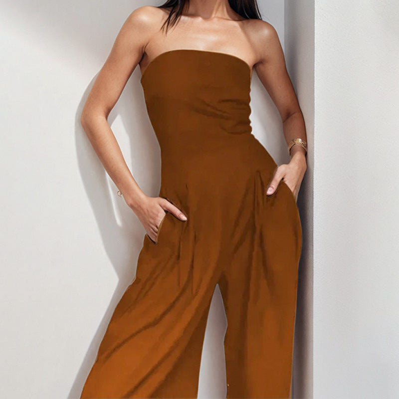 Damen elegantes Maxi-Jumpsuit mit schulterfreiem Design und praktischen Seitentaschen Shopnory