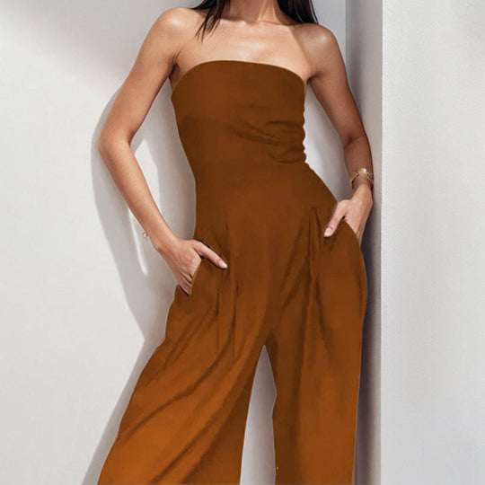 Damen elegantes Maxi-Jumpsuit mit schulterfreiem Design und praktischen Seitentaschen Shopnory