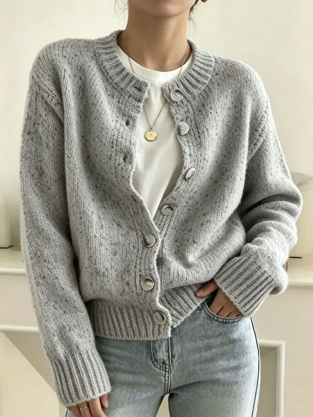 Damen Grobgestrickter Kurzcardigan mit Rundhalsausschnitt und meliertem Tweed-Effekt Shop Nory