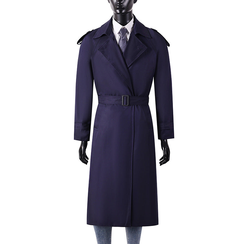 Herren eleganter knie- bis wadenlanger Trenchcoat mit verdeckter Knopfleiste und Schulterklappen Shop Nory