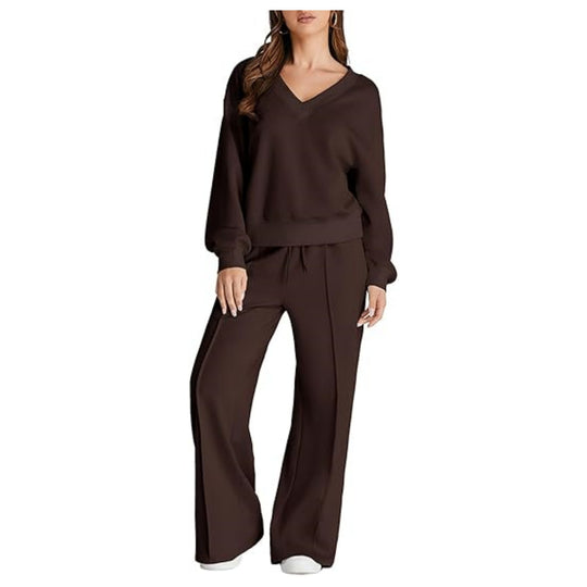 Damen Lässiges V-Ausschnitt Freizeit-Set mit weiter Jogginghose Shop Nory