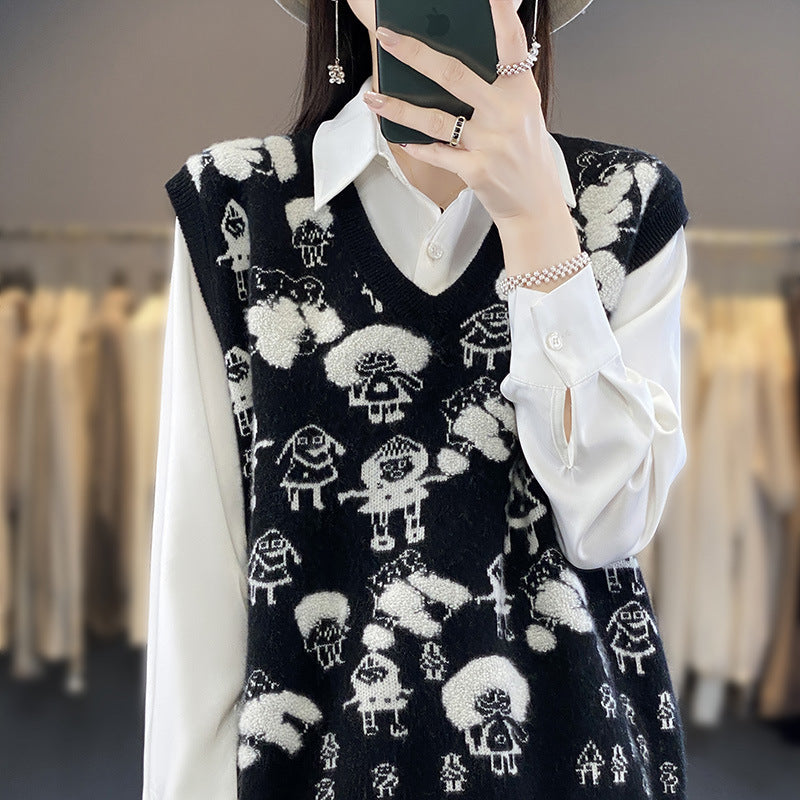 Damen Oversize-Strickweste mit V‑Ausschnitt und verspieltem Jacquard‑Motiv Shop Nory