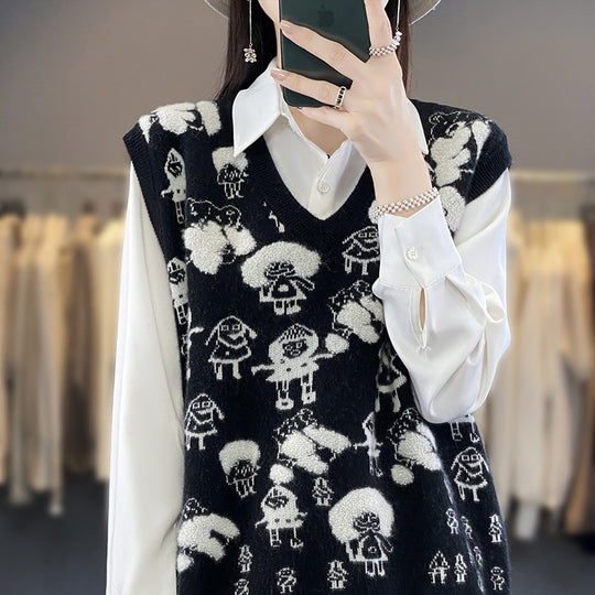 Damen Oversize-Strickweste mit V‑Ausschnitt und verspieltem Jacquard‑Motiv Shop Nory