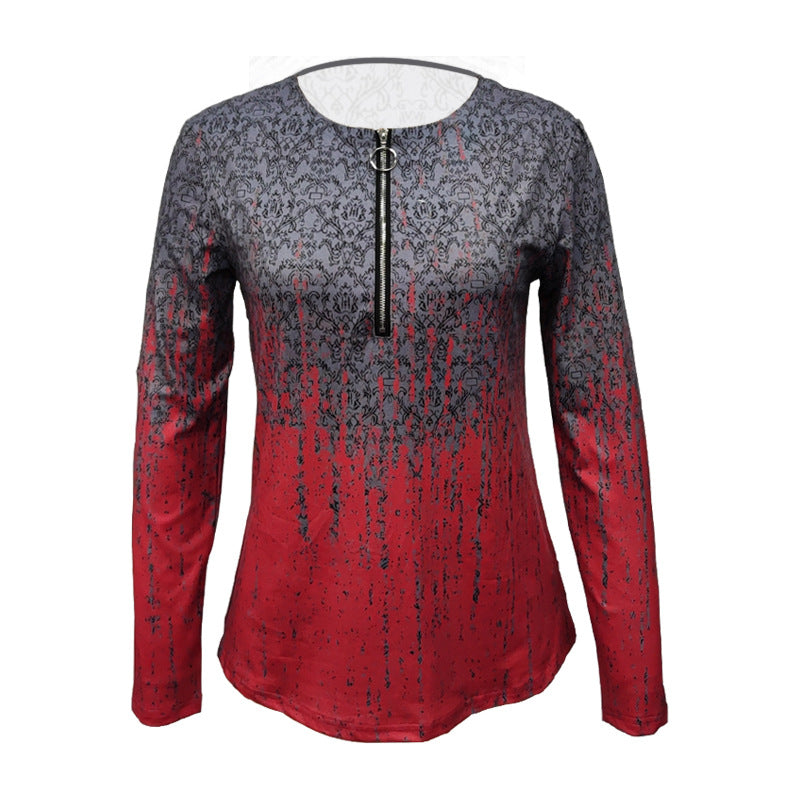 Damen Langarmshirt mit Reißverschluss-V-Ausschnitt und strukturierter Ombré-Print Shop Nory