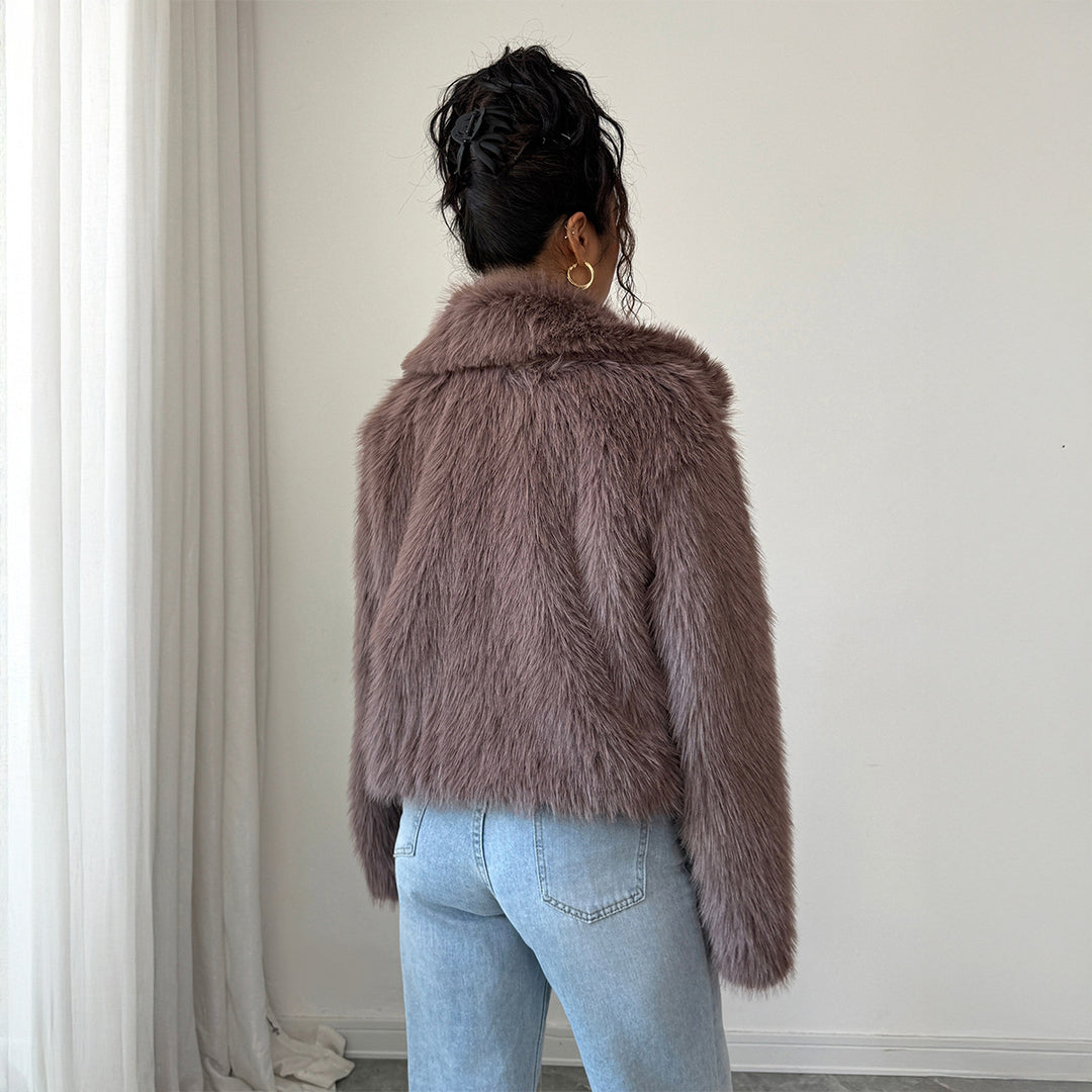 Damen nan kurzer Kunstfelljacke mit Stehkragen, verdecktem Reißverschluss und weiten Ärmeln Shop Nory