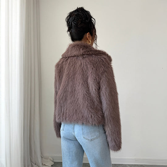 Damen nan kurzer Kunstfelljacke mit Stehkragen, verdecktem Reißverschluss und weiten Ärmeln Shop Nory