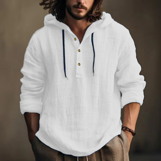 Herren nan leichtes Kapuzen-Henley Leinenhemd mit Knopfleiste und Kordelzug Shop Nory