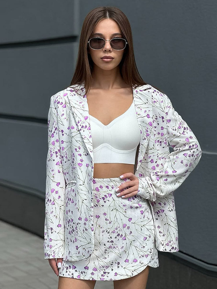 Damen Florales Blazer- und Minirock-Set aus strukturierter Baumwollmischung Shop Nory