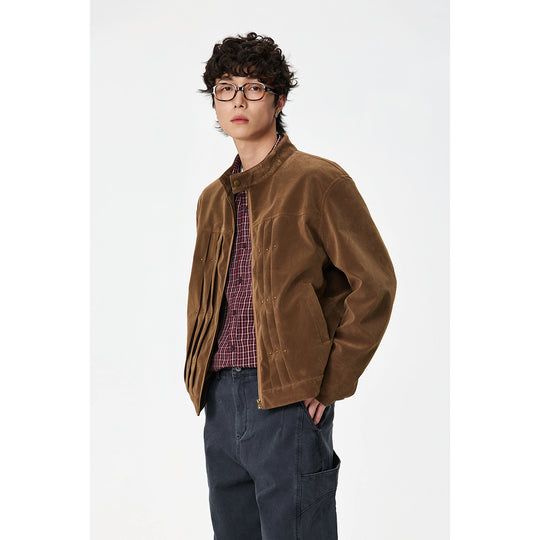 Herren Veloursleder-Optik Blousonjacke mit Faltenpasse und Nieten-Detail Shop Nory