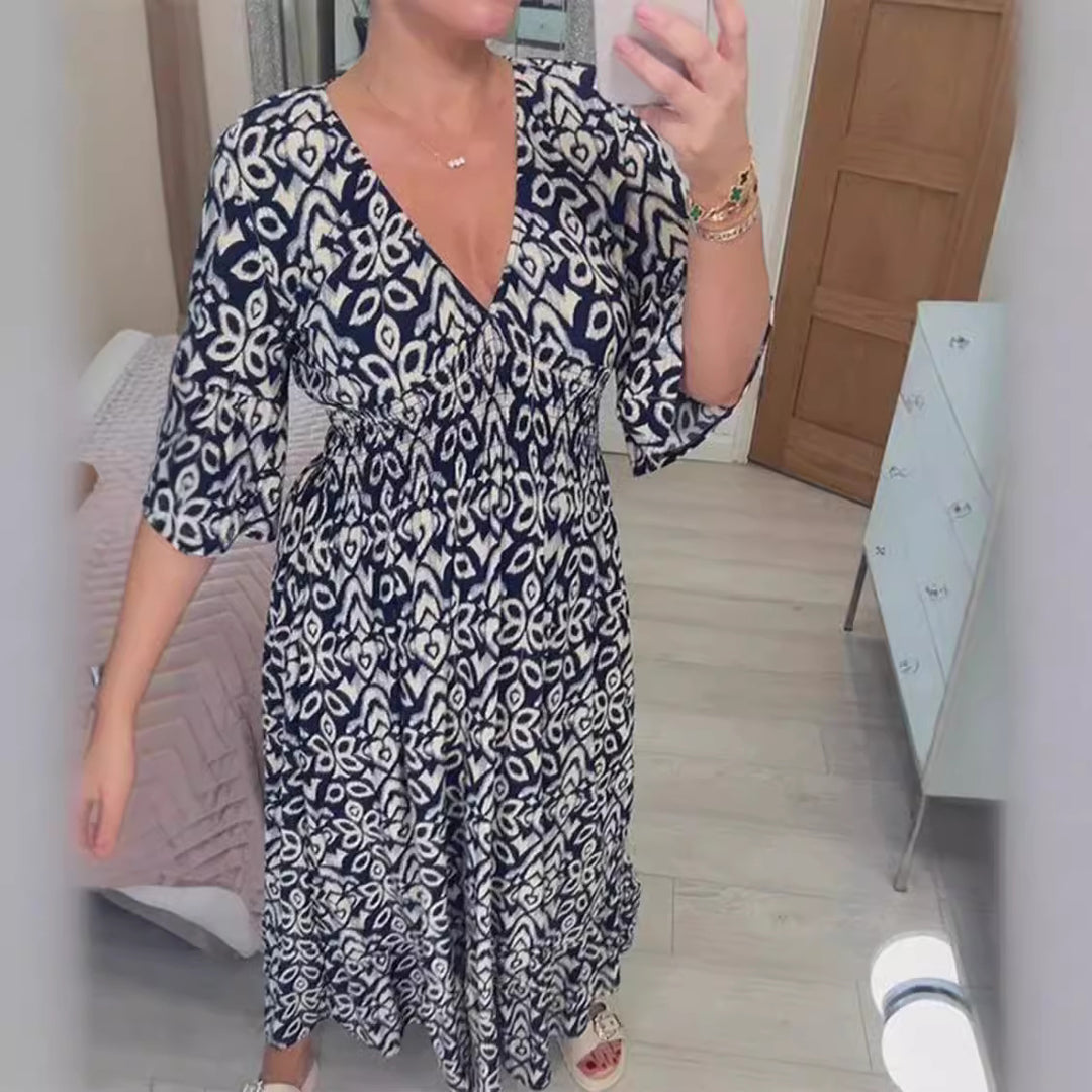 Damen Boho‑Maxikleid mit Smoktaillenband, Wickeloptik‑Dekolleté und Volantärmeln Shop Nory