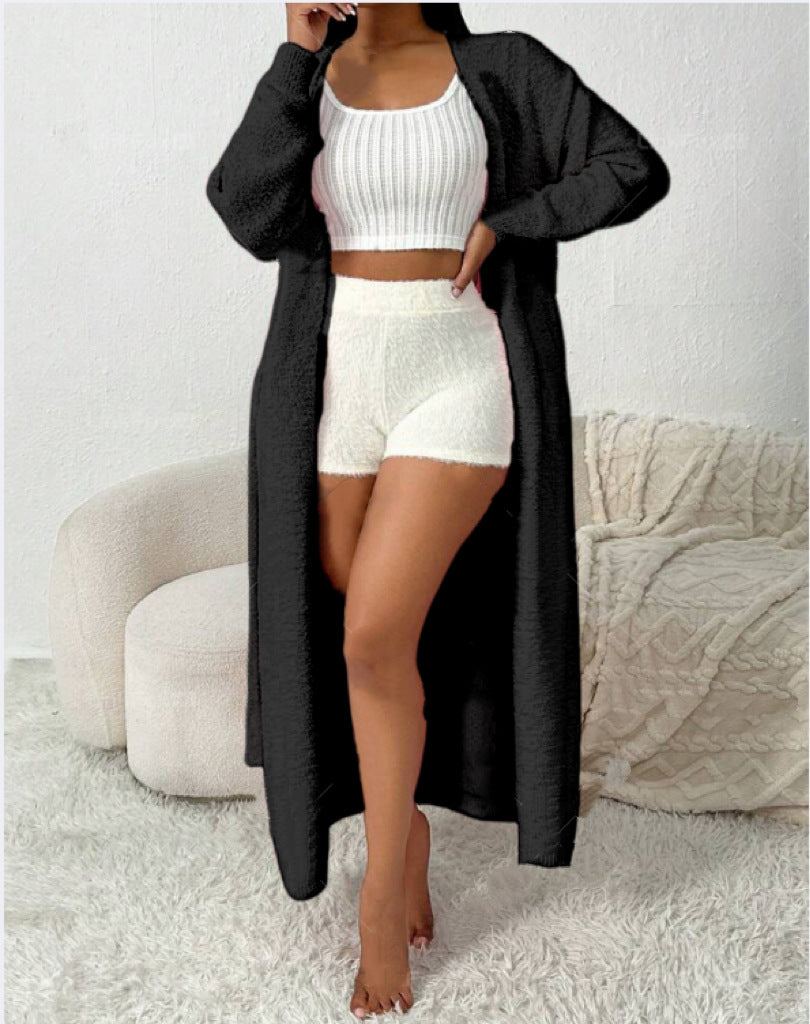 Damen Langer Wickel-Cardigan in Flausch-Optik mit Bindegürtel Shop Nory