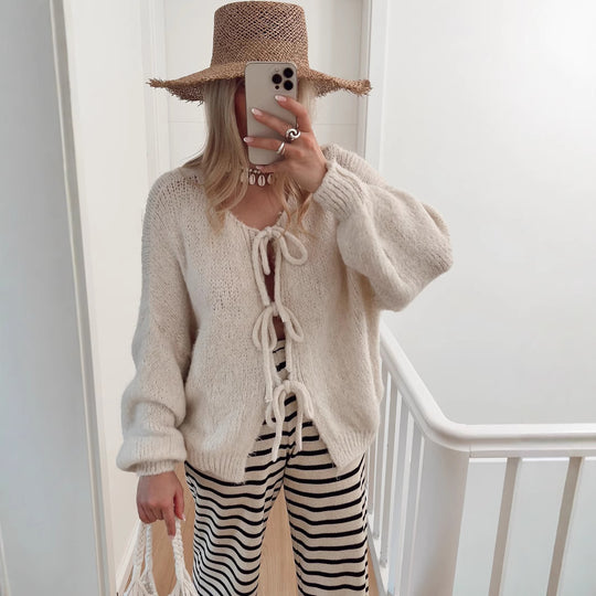 Damen Grobgestrickter Offener Cardigan mit Bindebändern, Oversize‑Silhouette und Raglanärmeln Shop Nory