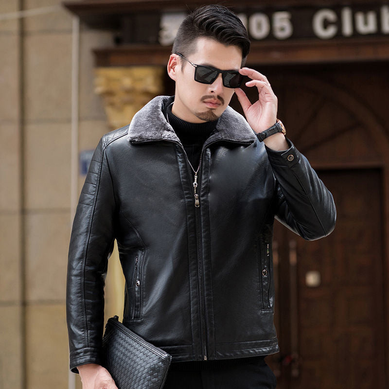 Herren Lederimitat-Übergangsjacke mit durchgehendem Teddyfutter und umlegbarem Kragen Shop Nory
