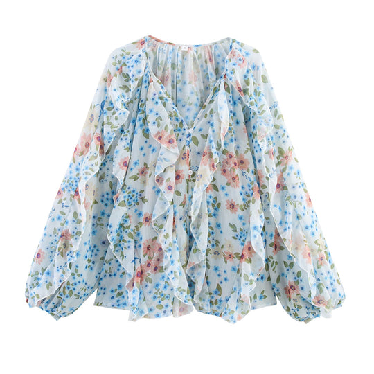 Damen nan feminine Chiffon-Volantbluse mit Ballonärmeln und V-Ausschnitt
