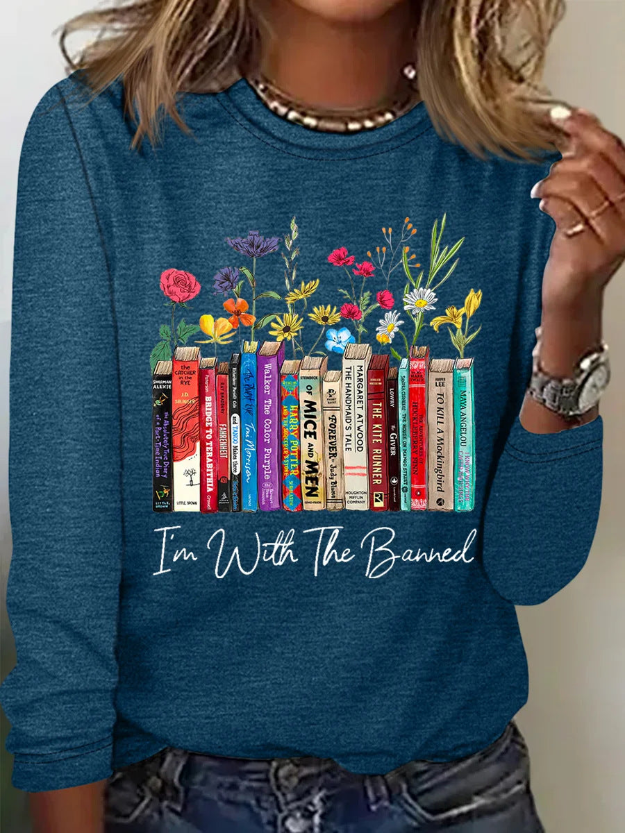 Damen Langarmshirt mit Bücher- und Blumenmotiv