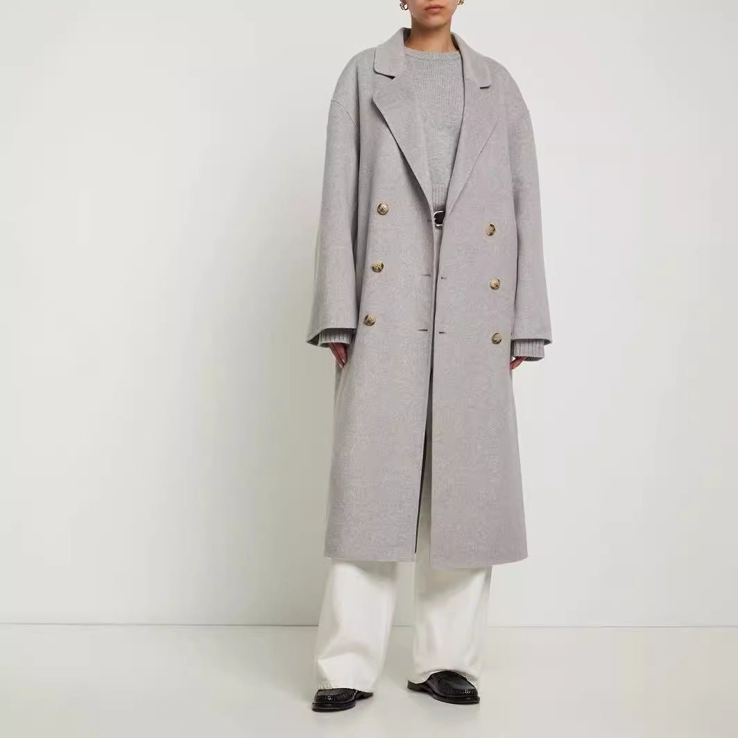 Damen Oversize Zweireihiger Longcoat mit fallender Schultersilhouette und goldenen Zierknöpfen Shop Nory