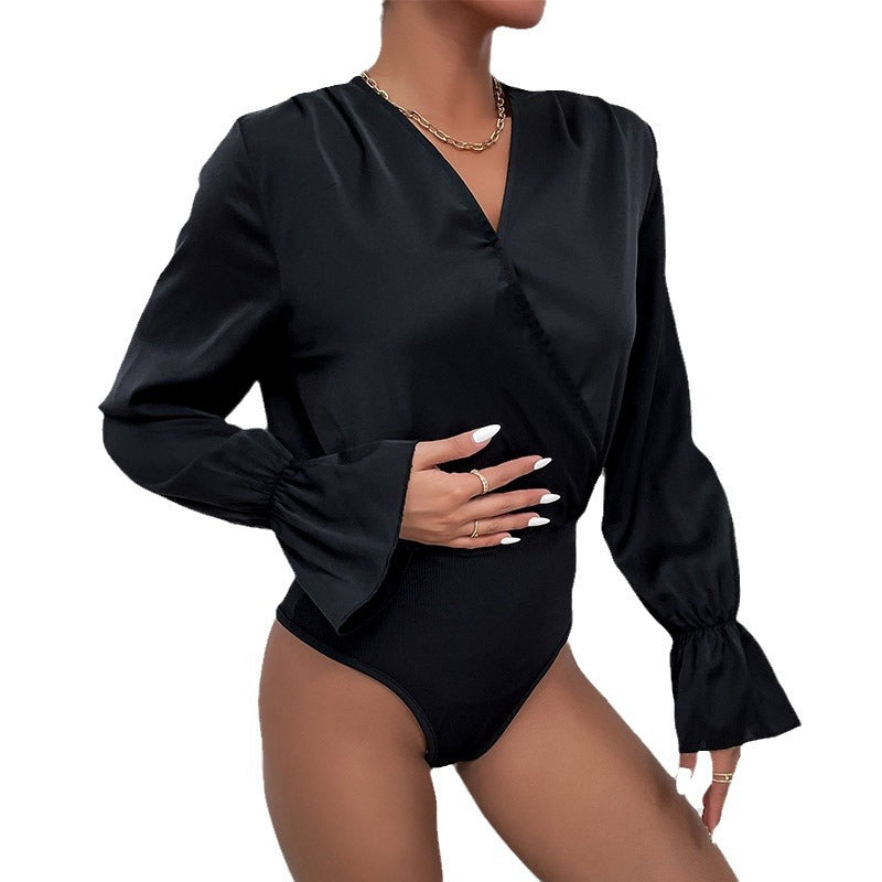 Damen Satin-Body mit Wickel-V-Ausschnitt, tailliertem Rippbund und Volantärmeln Shop Nory