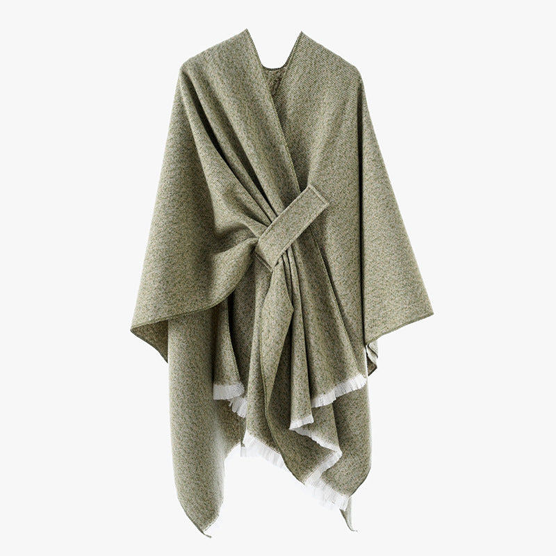 Damen Wollmix-Umhang mit Bindeschlaufe und Fransensaum Shop Nory