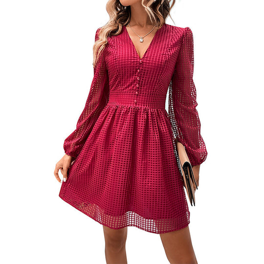 Damen Kurzes A-Linien-Kleid mit V-Ausschnitt, Zierknopfleiste und transparentem Karomesh Shop Nory