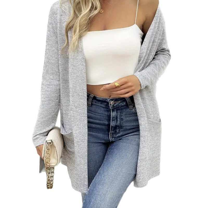 Damen Offener Feinstrick-Cardigan mit hüftlanger Silhouette und Eingrifftaschen Shop Nory