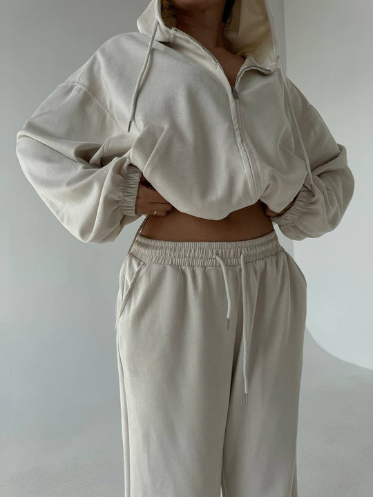 Damen Velours-Cropped-Kapuzenjacke mit Ballonärmeln und weiter Palazzo-Sweathose Shop Nory