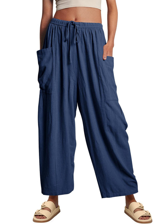 Damen Hochbundweite Weitbein Leinenmix Cargo Cropped Hose Shop Nory