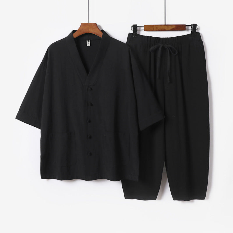 Unisex Leichtes Kimono-Lounge-Set aus Baumwoll-Leinen mit Kurzarmjacke und Kordelbund-Hose Shop Nory