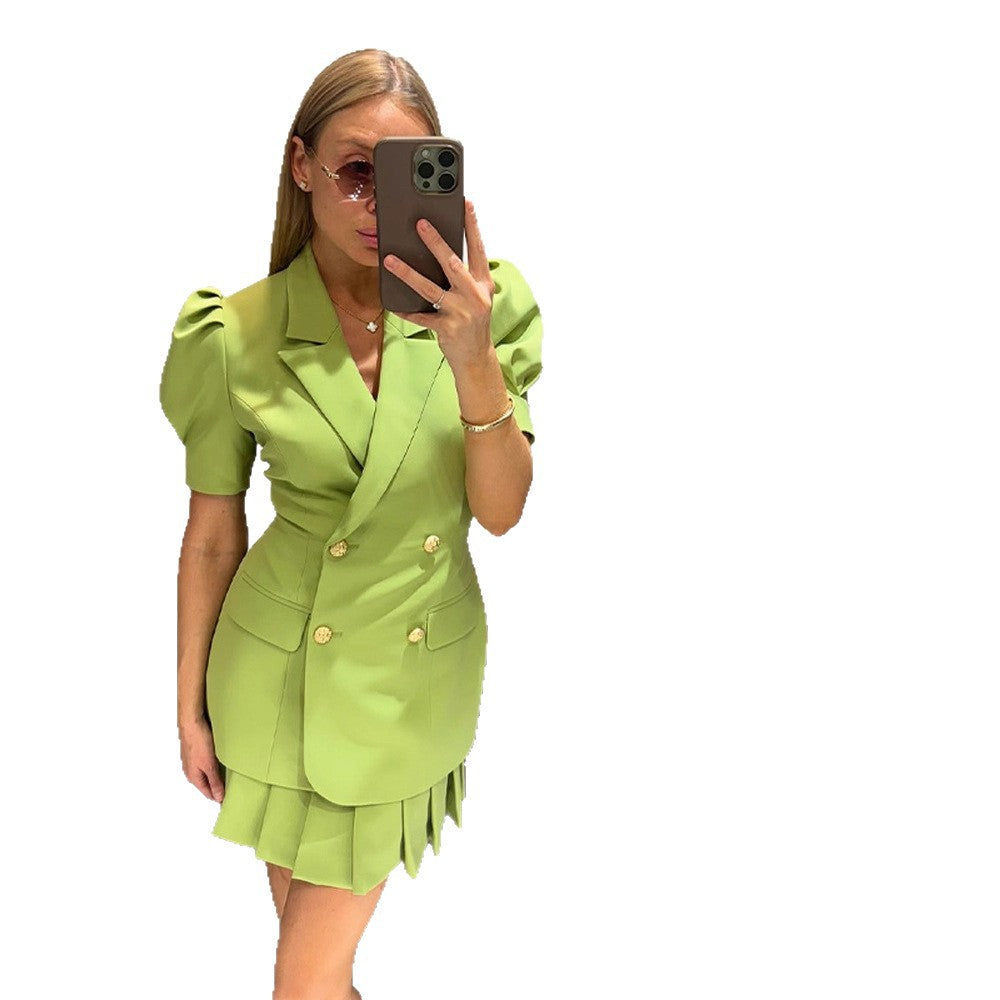 Damen Doppelreihiges Blazerkleid mit Puffärmeln und plissiertem Saum Shop Nory