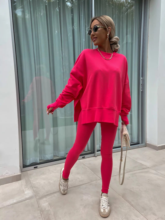 Damen komfortables Oversize-Lounge-Set mit langem Sweatshirt, gerippten High-Waist-Leggings und verlängerten Bündchen Shop Nory